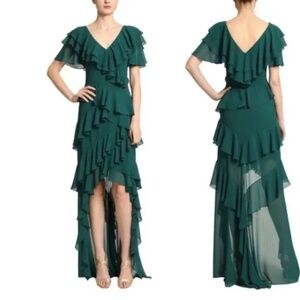 Badgley Mischka Georgette Cascading Emerald Ruffle Gown, High-low Hem, Size 10